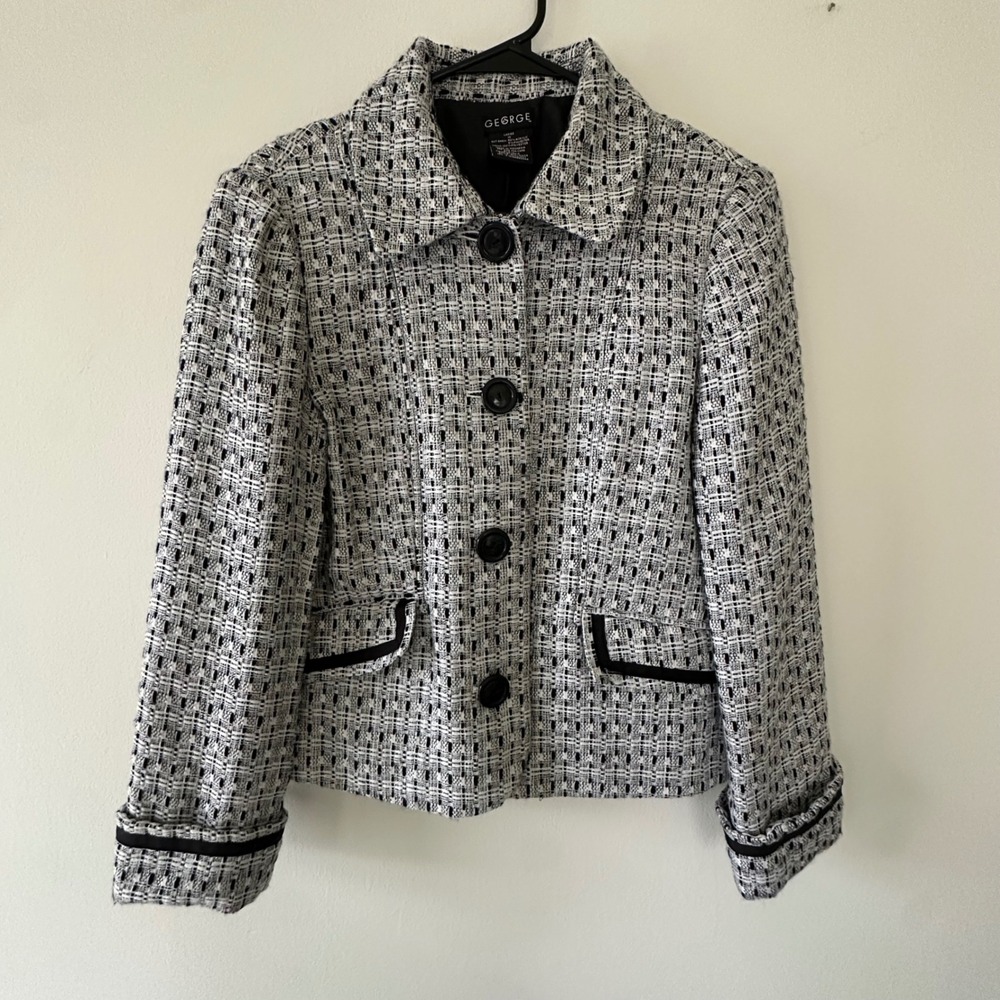George Women Black White Tweed Blazer Jacket Button Front GL441027 Size 10